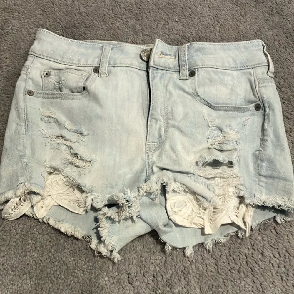 American Eagle Hi-Rise Distressed Light Blue Denim Shorts